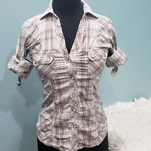 Ruched Button Down Shirt, Plaid